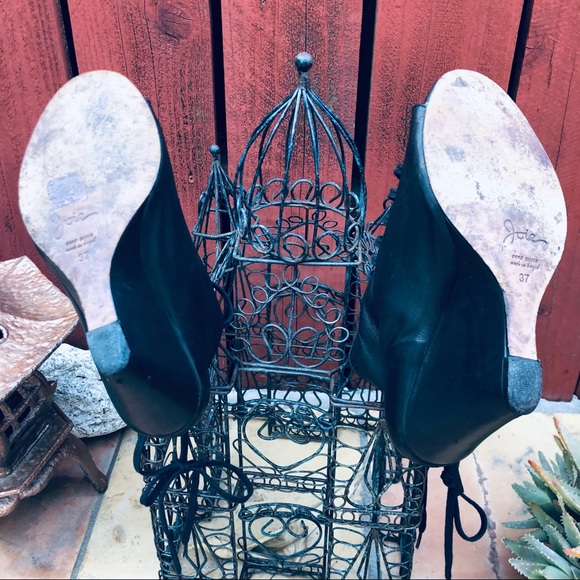 Joie Lace Up Open Toe Wedge Ankle Leather Booties Size 7 Black Heel 4” - Picture 13 of 13